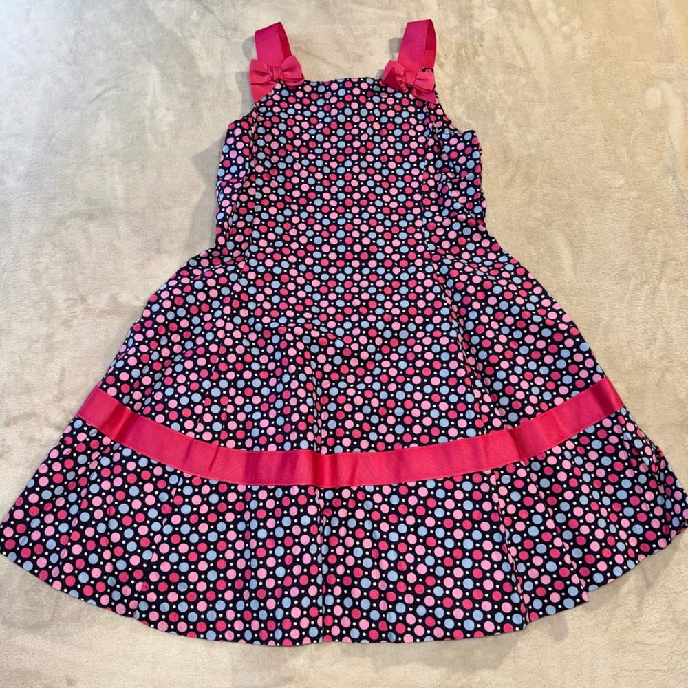 Vintage 2008 Girls Polka Dot Bow A-Line Dress Pink Blue Y2K Party Gymboree